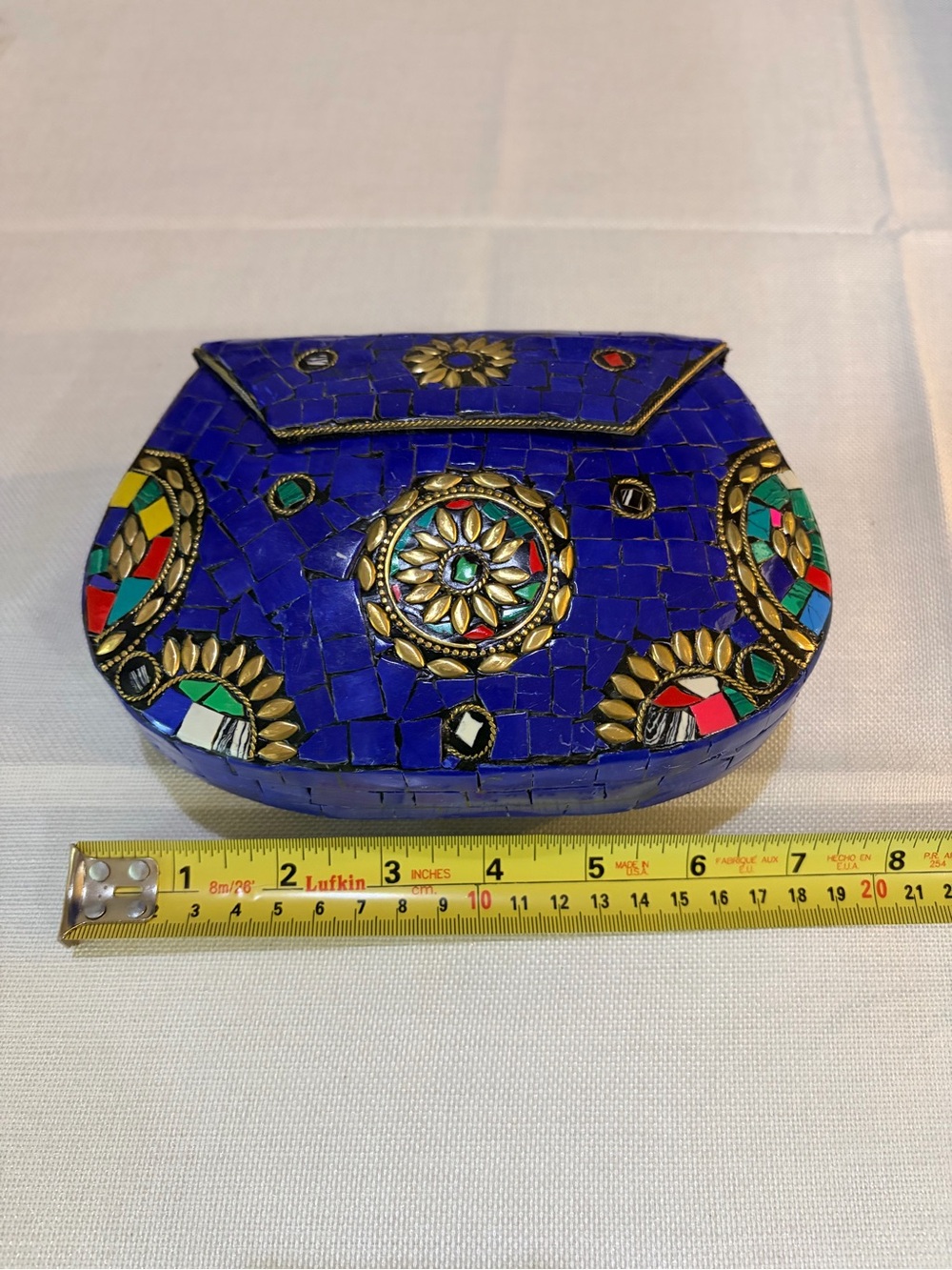 Blue Mosaic Flower Clutch w long gold strap